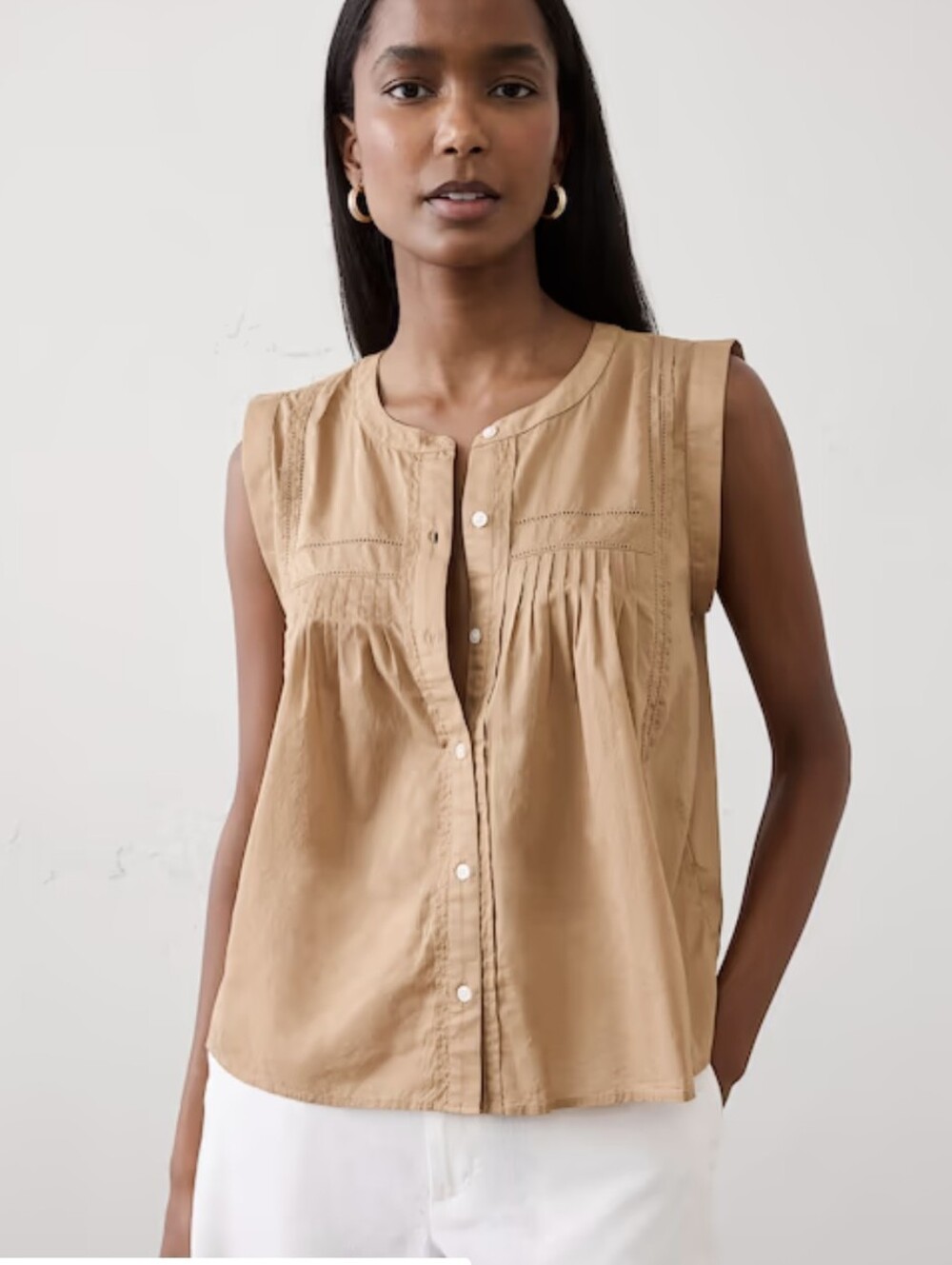 Banana Republic Tan Sleeveless  Sheer Cotton Pintuck Button Front Top